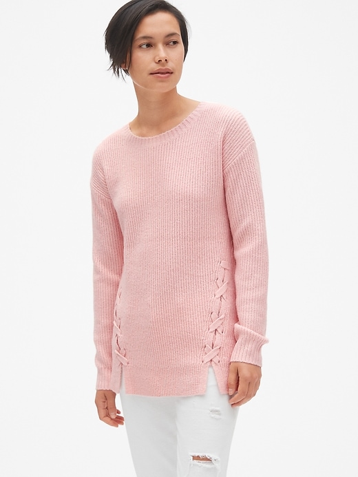 1 of 8 showing, with the color blush of product Shaker Stitch Lace-Up Pullover Sweater Tunic