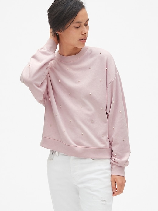 View large product image 1 of 1. Pearl Embellished Pullover Sweatshirt in French Terry