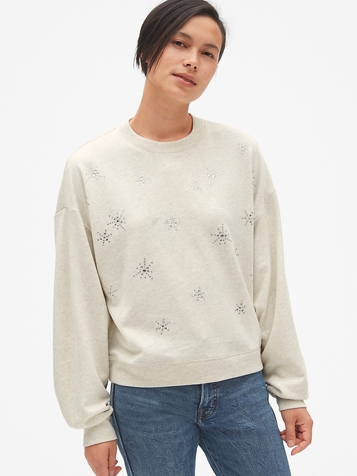 1 of 8 showing, with the color oatmeal heather of product Embellished Pullover Sweatshirt in French Terry