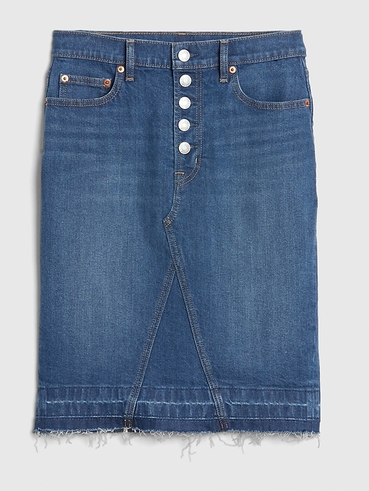 Image number 5 showing, High Rise Button-Fly Denim Pencil Skirt with Raw Hem