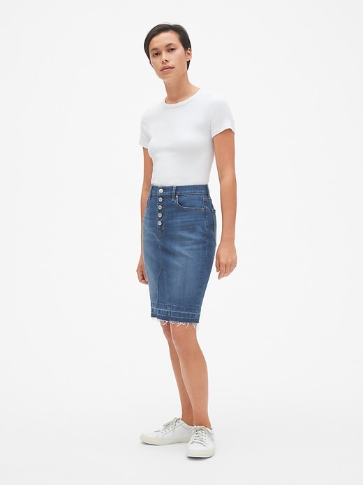 Image number 3 showing, High Rise Button-Fly Denim Pencil Skirt with Raw Hem