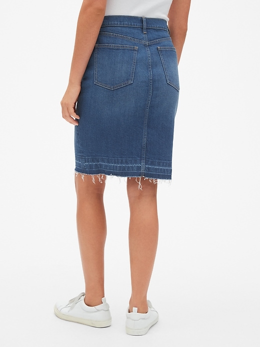 Image number 2 showing, High Rise Button-Fly Denim Pencil Skirt with Raw Hem