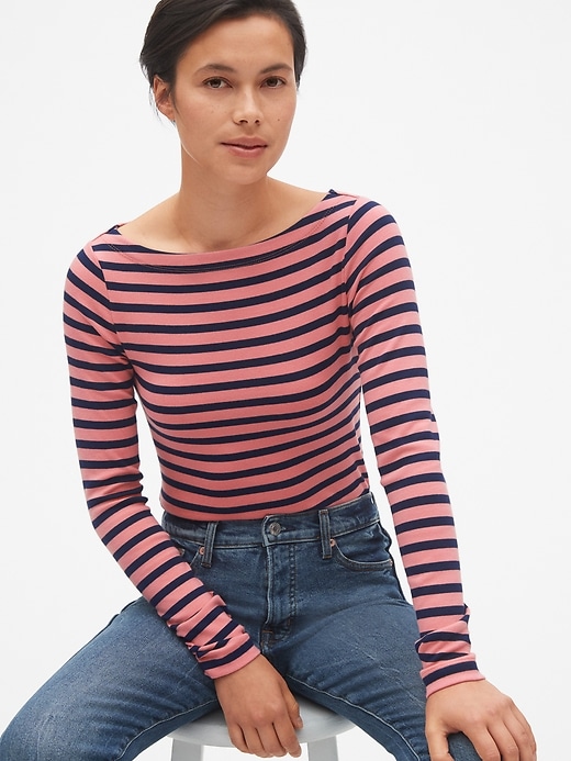1 of 8 showing, with the color coral stripe of product Modern Stripe Long Sleeve Boatneck T-Shirt