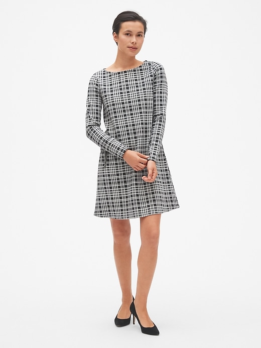 View large product image 1 of 1. Plaid Long Sleeve A-Line Dress with Zip-Pockets