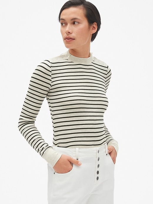 Image number 7 showing, Stripe Long Sleeve Button-Shoulder T-Shirt in Modal