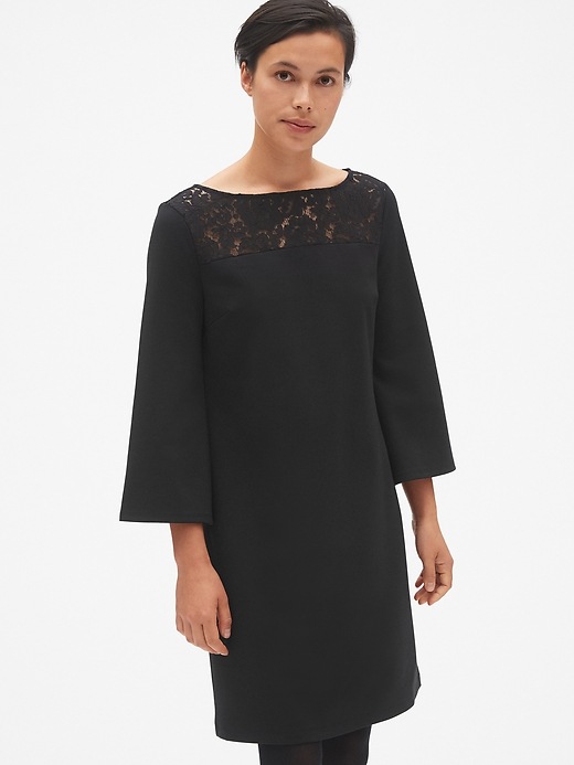 Image number 1 showing, Lace-Yoke Shift Dress in Ponte