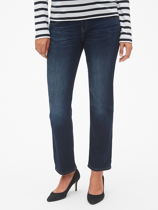 1 of 8 showing, with the color dark wash of product Maternity Full Panel Classic Straight Jeans