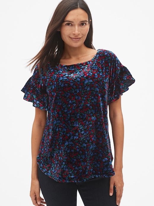 1 of 8 showing, with the color floral print of product Maternity Velvet Ruffle Sleeve Top