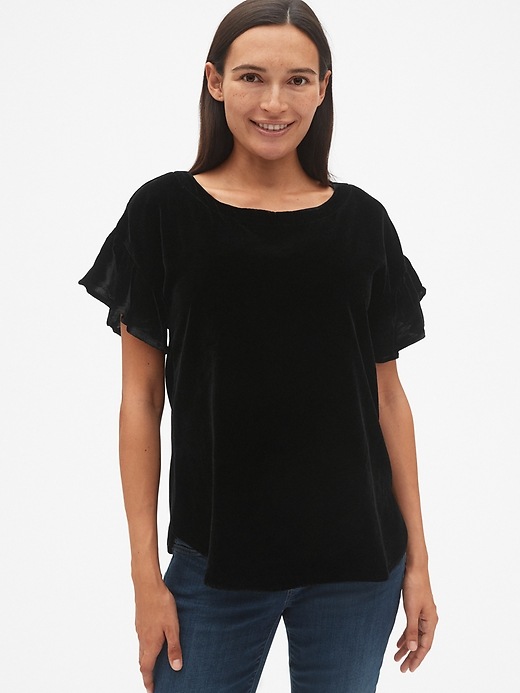 View large product image 1 of 1. Maternity Velvet Ruffle Sleeve Top