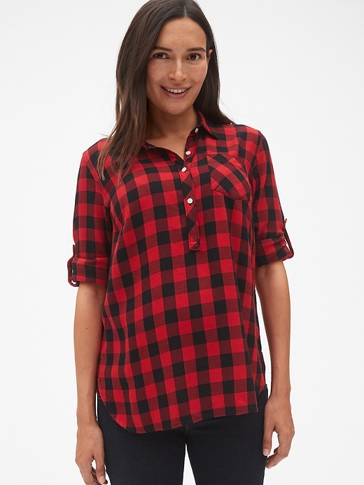 Image number 1 showing, Maternity Roll-Sleeve Flannel Popover Shirt