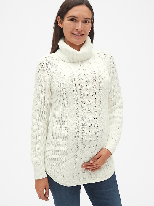 1 of 8 showing, with the color snowflake milk of product Maternity Cable-Knit Turtleneck Pullover Sweater