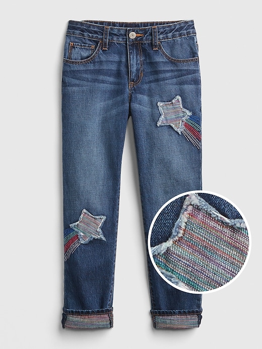 1 of 8 showing, with the color dark indigo of product Rainbow Star Patch Girlfriend Jeans
