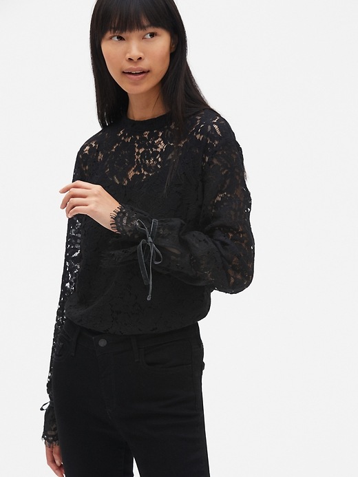 View large product image 1 of 1. Floral Lace Tie-Sleeve Top