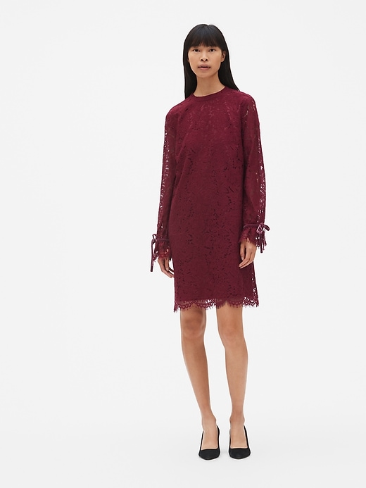 View large product image 1 of 1. Floral Lace Tie-Sleeve Shift Dress