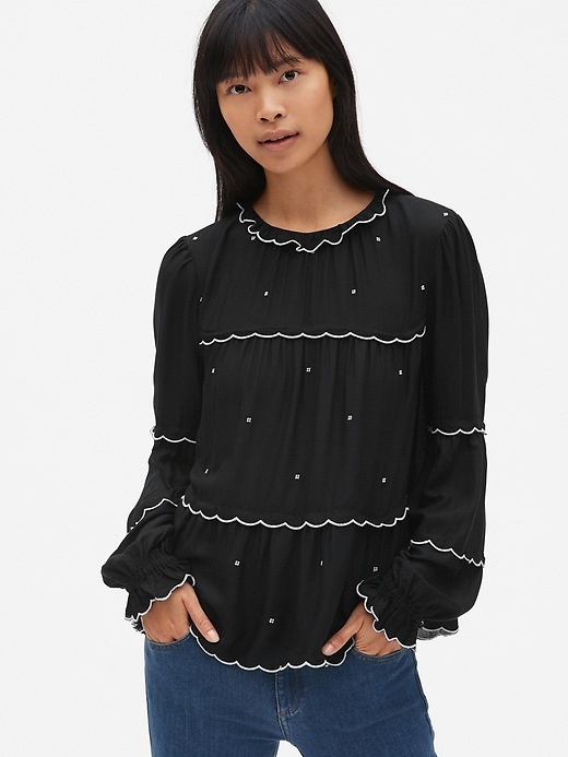 Image number 1 showing, Embroidered Long Sleeve Tiered Ruffle Blouse