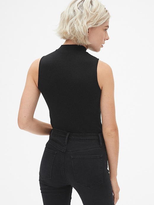 2 of 8 showing, with the color true black of product Sleeveless Ribbed Mockneck Top