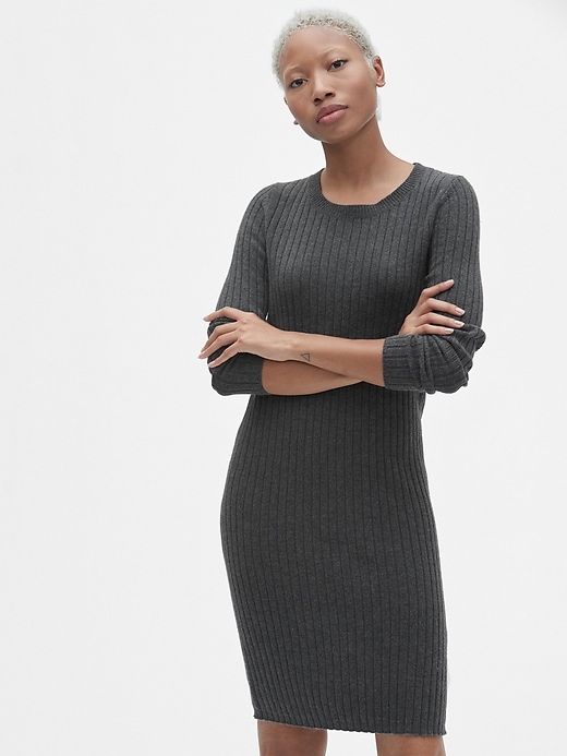 1 of 8 showing, with the color charcoal of product Cozy Ribbed Crewneck Sweater Dress