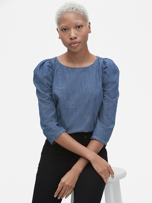 1 of 8 showing, with the color medium wash of product Denim Puff-Sleeve Top