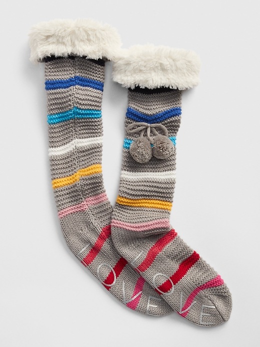 Image number 1 showing, Pom-Pom Slipper Socks with Faux-Fur Cuff