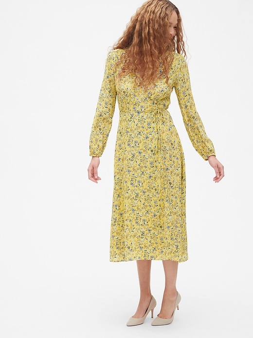 1 of 8 showing, with the color yellow floral of product Long Sleeve Flounce Wrap Midi Dress