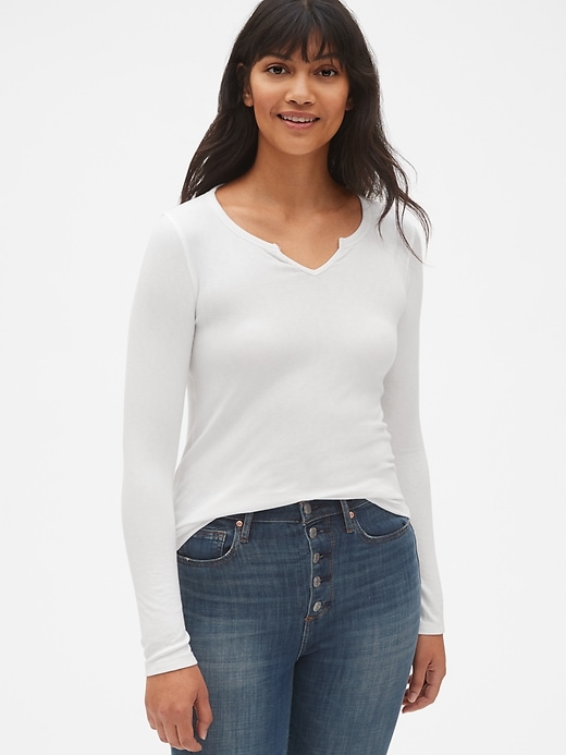 View large product image 1 of 1. Ribbed Long Sleeve Notch-Neck T-Shirt