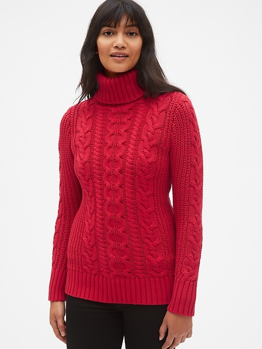 Image number 1 showing, Cable-Knit Turtleneck Tunic Sweater