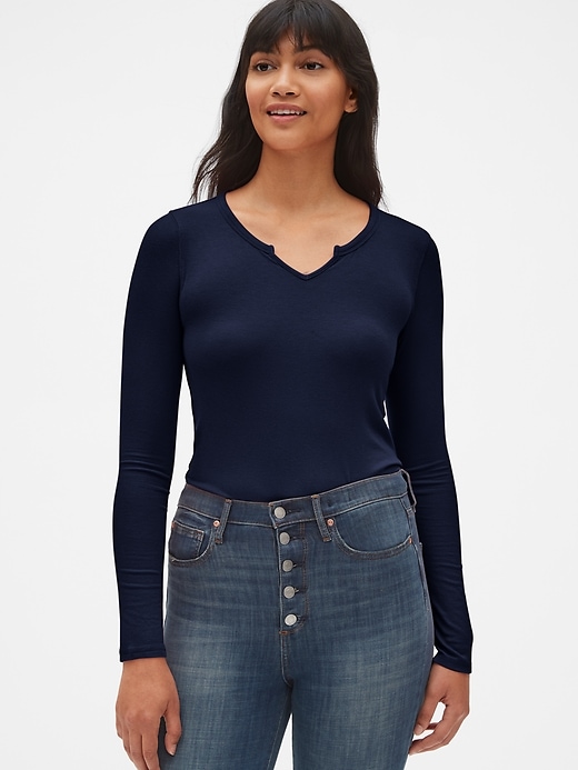 Image number 10 showing, Ribbed Long Sleeve Notch-Neck T-Shirt