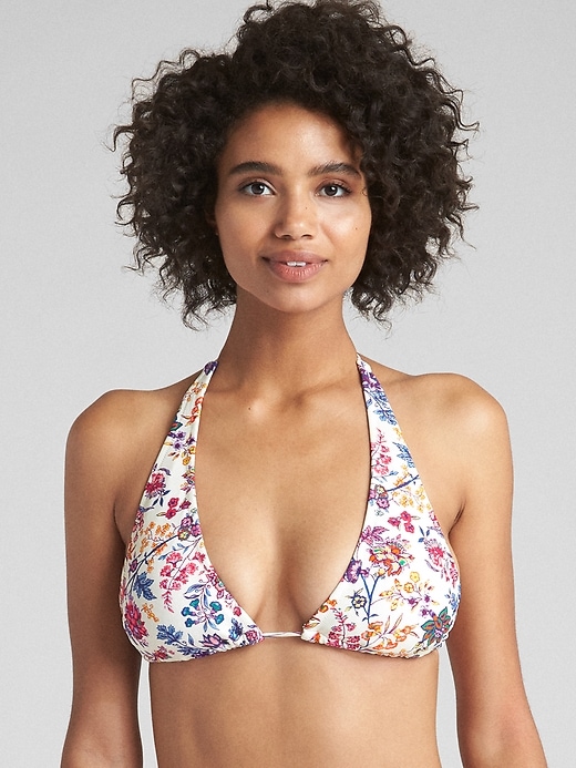1 of 8 showing, with the color white floral of product Halter Floral Print Bikini Top