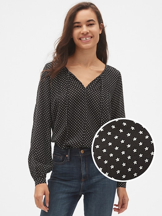 View large product image 1 of 1. Long Sleeve Print Split-Neck Blouse