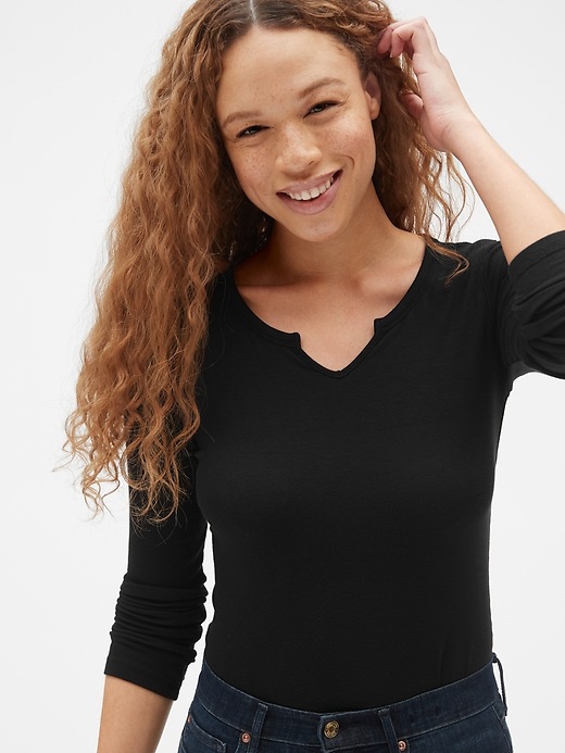 Image number 5 showing, Ribbed Long Sleeve Notch-Neck T-Shirt