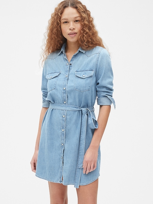 1 of 8 showing, with the color medium wash of product Perfect Tie-Waist Denim Western Shirtdress