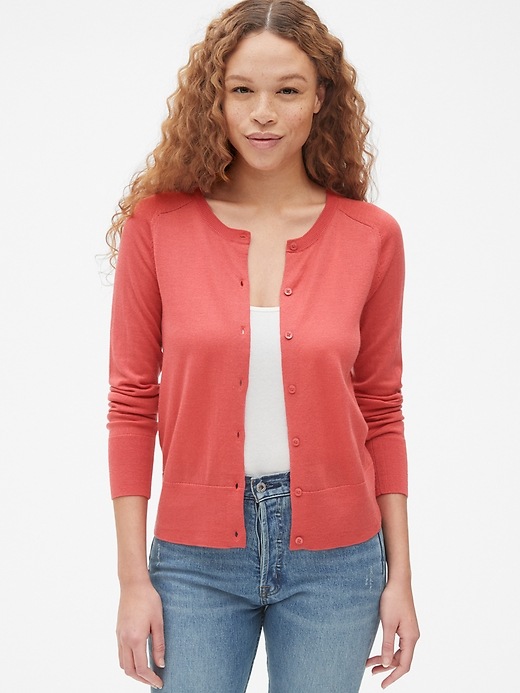 1 of 8 showing, with the color autumn rose of product Cardigan Sweater in Merino Wool