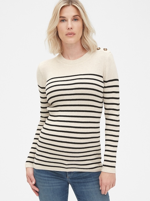 1 of 8 showing, with the color black stripe of product Maternity Stripe Button-Shoulder Pullover Sweater
