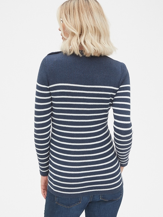 2 of 8 showing, with the color navy/white stripe of product Maternity Stripe Button-Shoulder Pullover Sweater