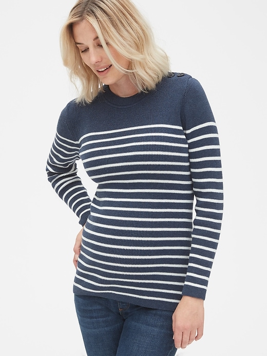 Image number 1 showing, Maternity Stripe Button-Shoulder Pullover Sweater