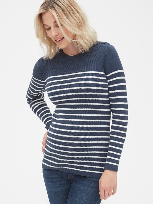 1 of 8 showing, with the color navy/white stripe of product Maternity Stripe Button-Shoulder Pullover Sweater