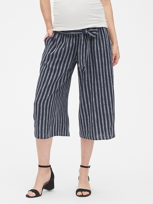 View large product image 1 of 1. Maternity Stripe Wide-Leg Crop Pants in Linen