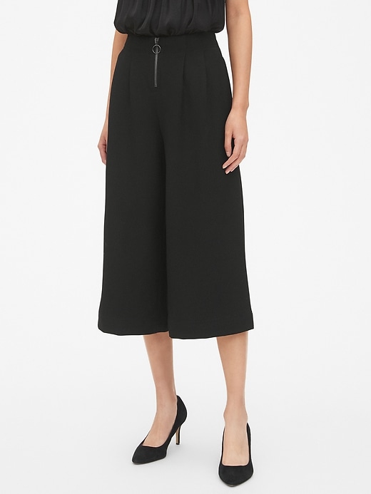 Image number 1 showing, High Rise Wide-Leg Crop Pants with O-Ring Zip
