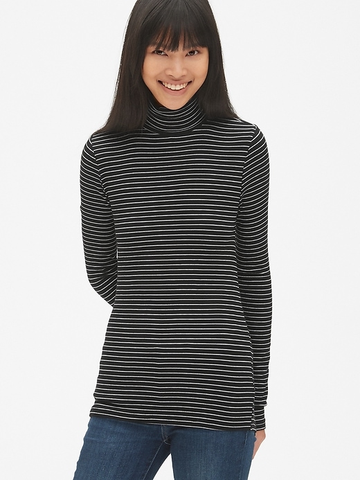 1 of 8 showing, with the color black stripe of product Ribbed Long Sleeve Stripe Turtleneck Top in Modal
