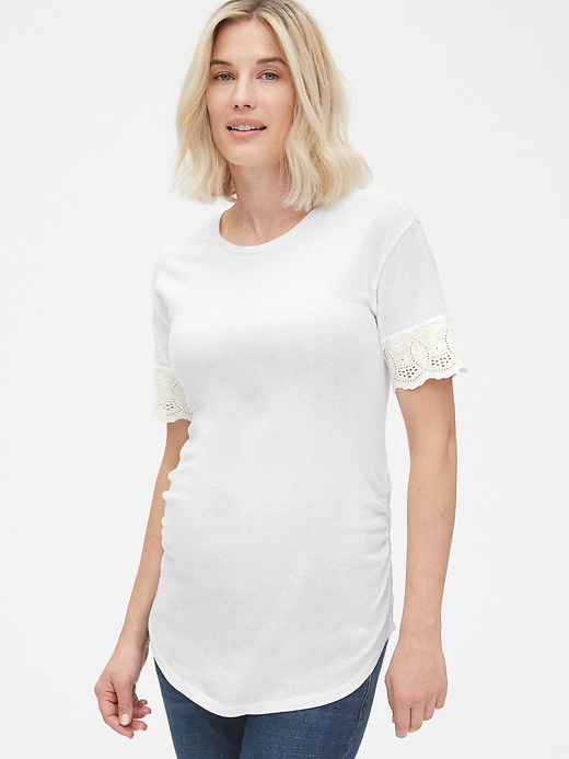 Image number 1 showing, Maternity Crewneck T-Shirt with Eyelet Embroidered Cuffs