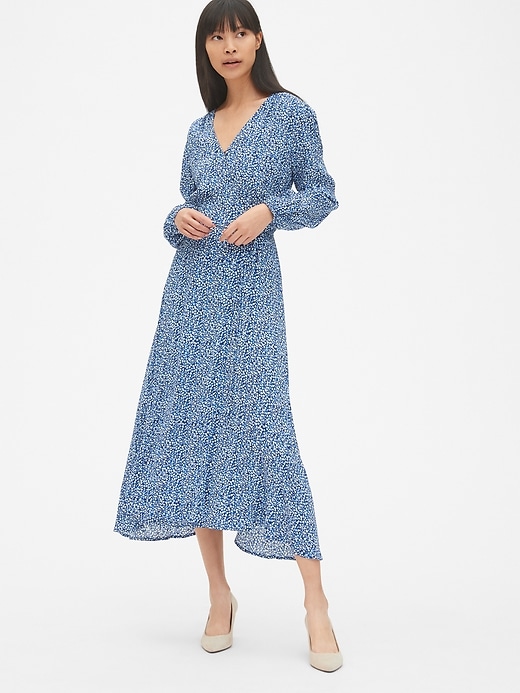 1 of 8 showing, with the color blue floral of product Long Sleeve Flounce Wrap Midi Dress