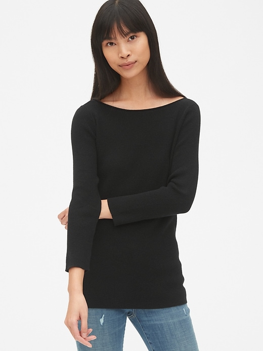 View large product image 1 of 1. Ribbed Three-Quarter Sleeve Boatneck Pullover Sweater