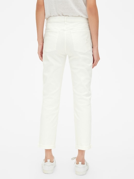 2 of 8 showing, with the color (White) Salt White of product Mid Rise Girlfriend Jeans with Distressed Detail