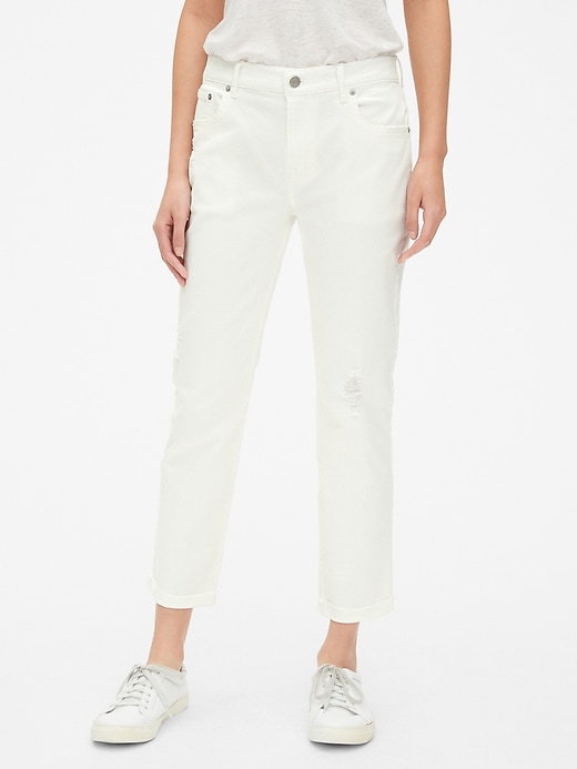 1 of 8 showing, with the color (White) Salt White of product Mid Rise Girlfriend Jeans with Distressed Detail