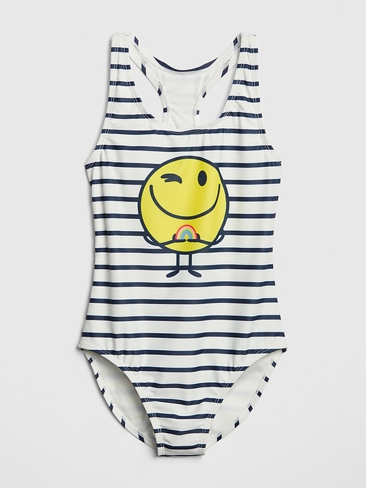1 of 8 showing, with the color ivory frost of product Kids Stripe Smiley Swim One-Piece