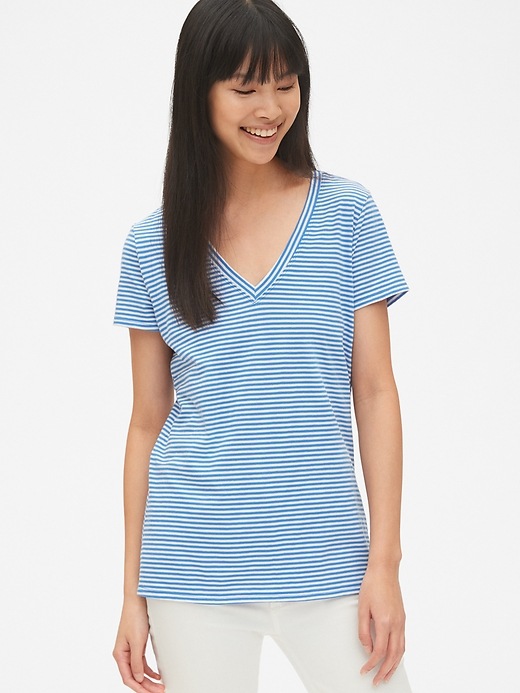 1 of 8 showing, with the color blue allure of product Vintage Wash Stripe V-Neck T-Shirt