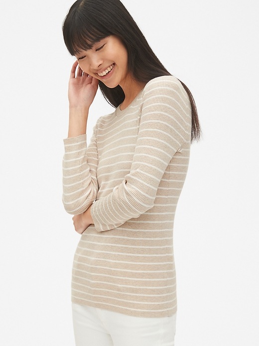 View large product image 1 of 1. Ribbed Three-Quarter Sleeve Crewneck Pullover Sweater