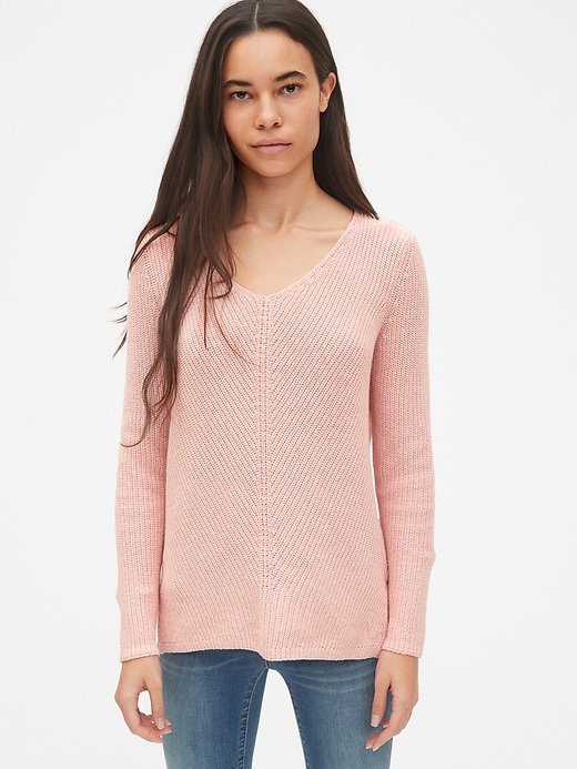 View large product image 1 of 1. Diagonal Ribbed V-Neck Pullover Sweater Tunic