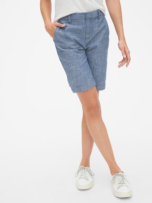 1 of 8 showing, with the color medium indigo of product 10" Bermuda Shorts in Stretch Chambray