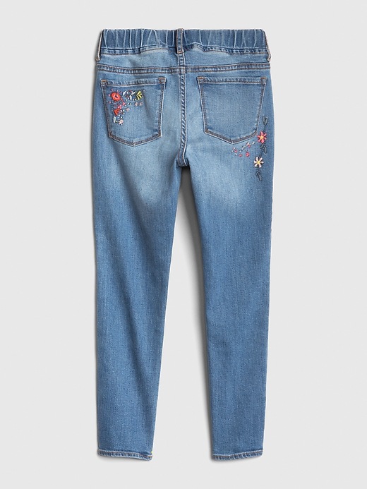 Babyhug Full Length  Denim Jeggings With Stretch Floral Embroidery - Blue